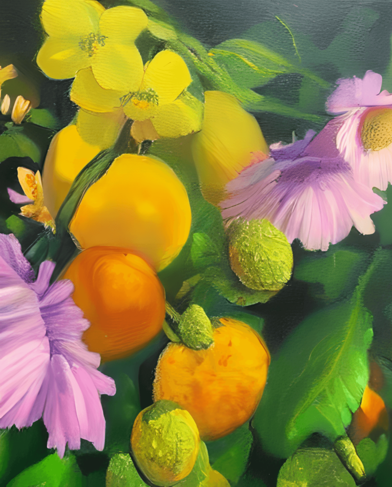 AI Oil Painting AiDa Original Square Print Pink Flowers Lemons Oranges Yellow Flowers Botanical Square Print • Twelve 11