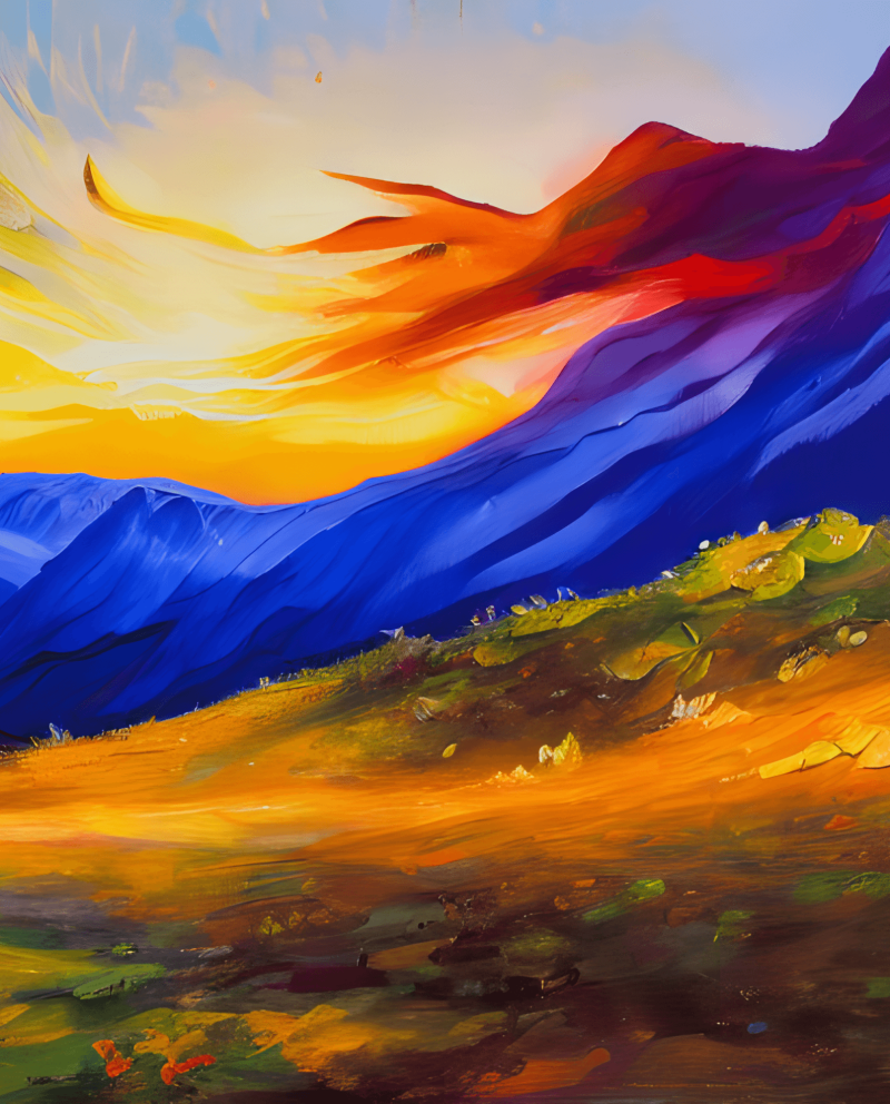 AI Oil Painting Mountain Landscape Sunset Bright Colors Multi Square Print AiDa Original • Nine 11