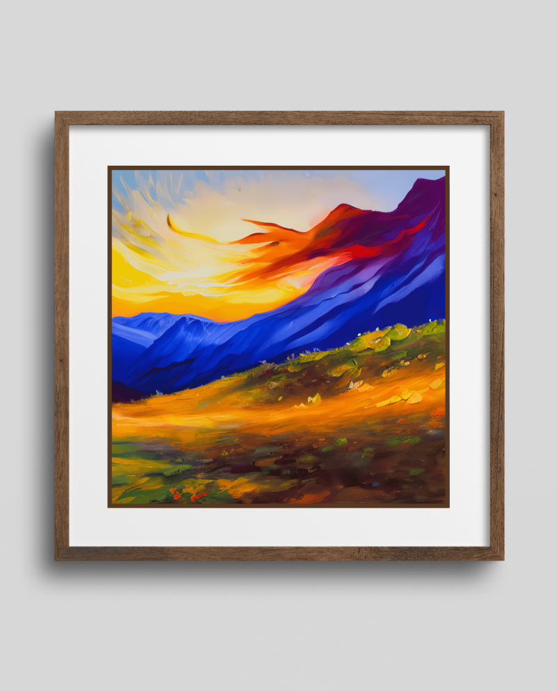 AI Painting Mountains Sunrise Landscape Oil Painting Colorful Artsi AiDa Square Print • Nine 11