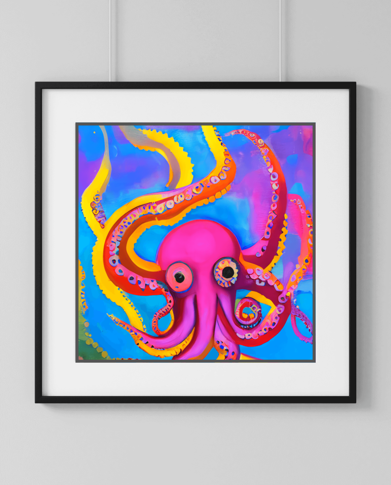 Artsi AI Artwork Octopus Painting Bright Pink Yellow Blue Seascape Acrylic Square Print • Seven 11