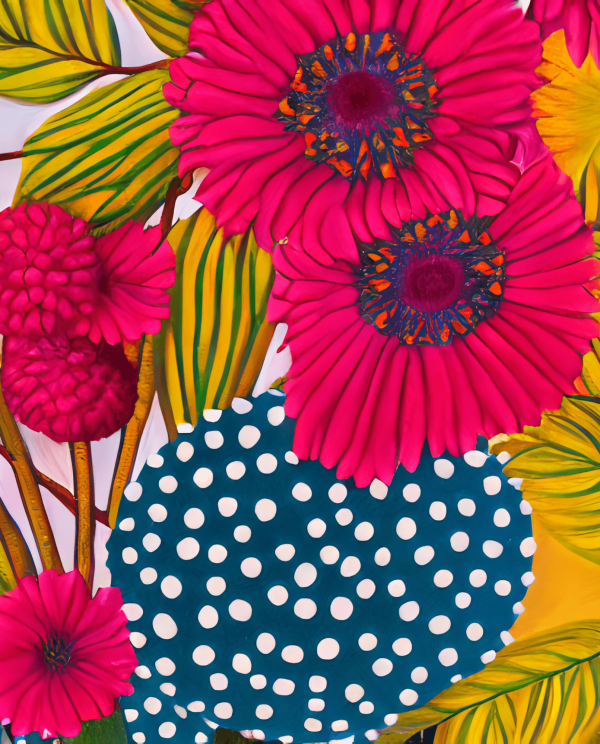 Artsi AiDa Bright Floral Pink Yellow and Navy Square Print AI Art Painting • AI-Made Marketplace