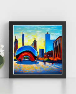 Cloud Gate Bean Chicago AI Artwork AiDa Original Square Print Bright Oils Skyline • AI-Made Marketplace