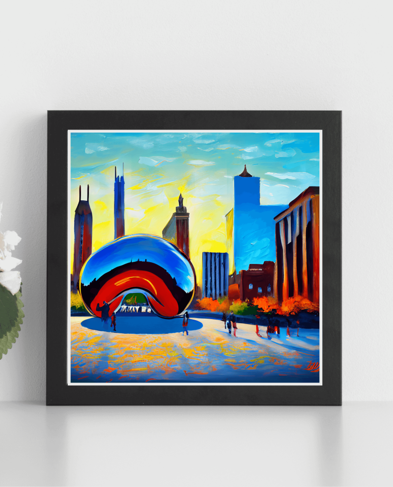 Cloud Gate Bean Chicago AI Artwork AiDa Original Square Print Bright Oils Skyline • Five 11