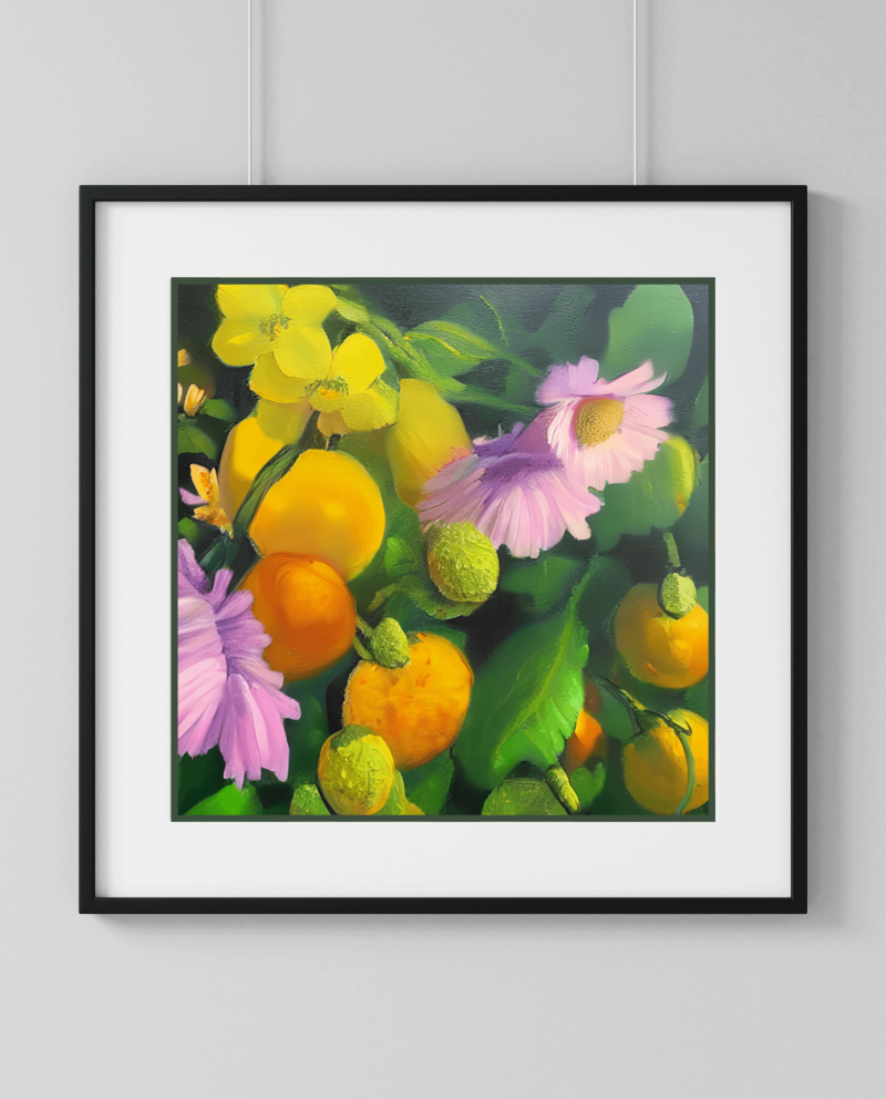 Oil Painting Classic Matte Finish Floral Botanical Fruit Greens Orange Pink Yellow AI Artwork AiDa Artsi • Twelve 11