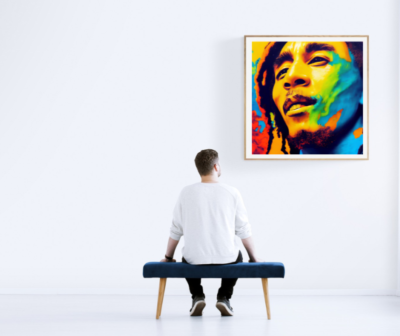Man looking at a Bob Marley picture painted by AI and Granny Mouse
