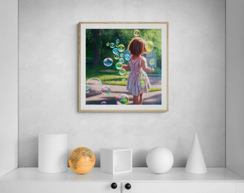 White geometric shapes on cabinet scaled • Little Girl Blowing Bubbles -Title: I'm Forever Blowing Bubbles AI Art Digital Download