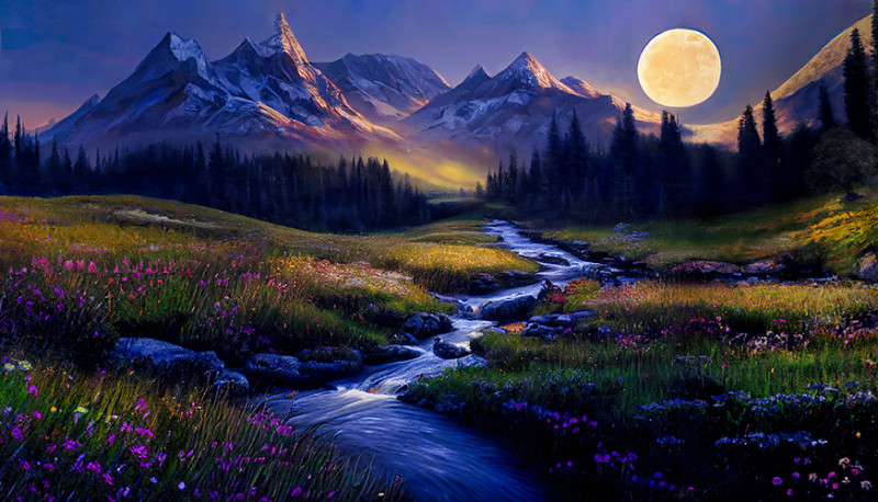 A mountain meadow with wildflowers at night lit by the Moon 35x20a artsism • Mountain Meadow Stream with Full Moon Canvas Print