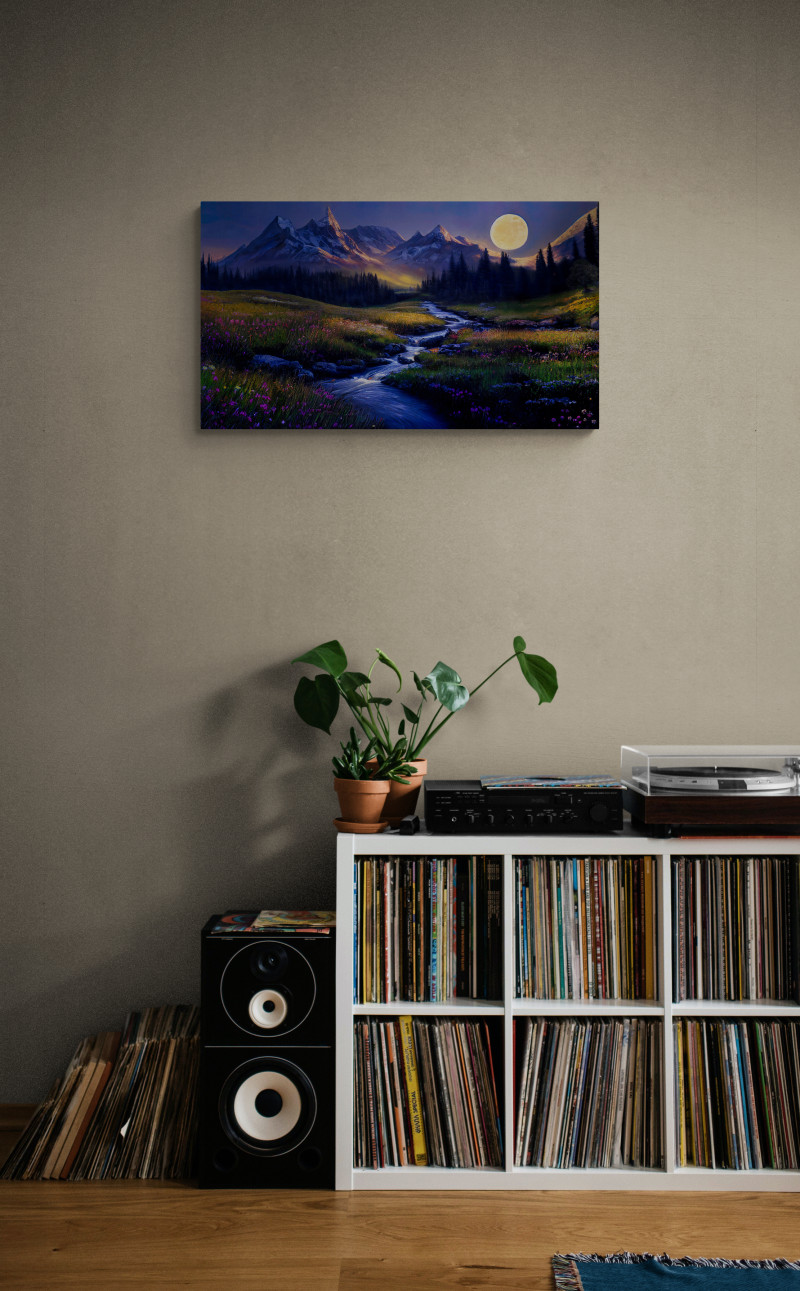 Cabinet with record player and vinyl records scaled • Mountain Meadow Stream with Full Moon Canvas Print