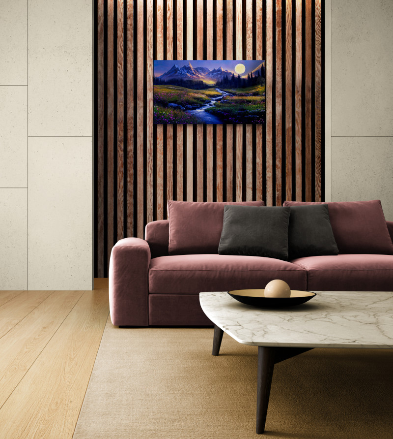 Living room with recessed feature wall scaled • Mountain Meadow Stream with Full Moon Canvas Print