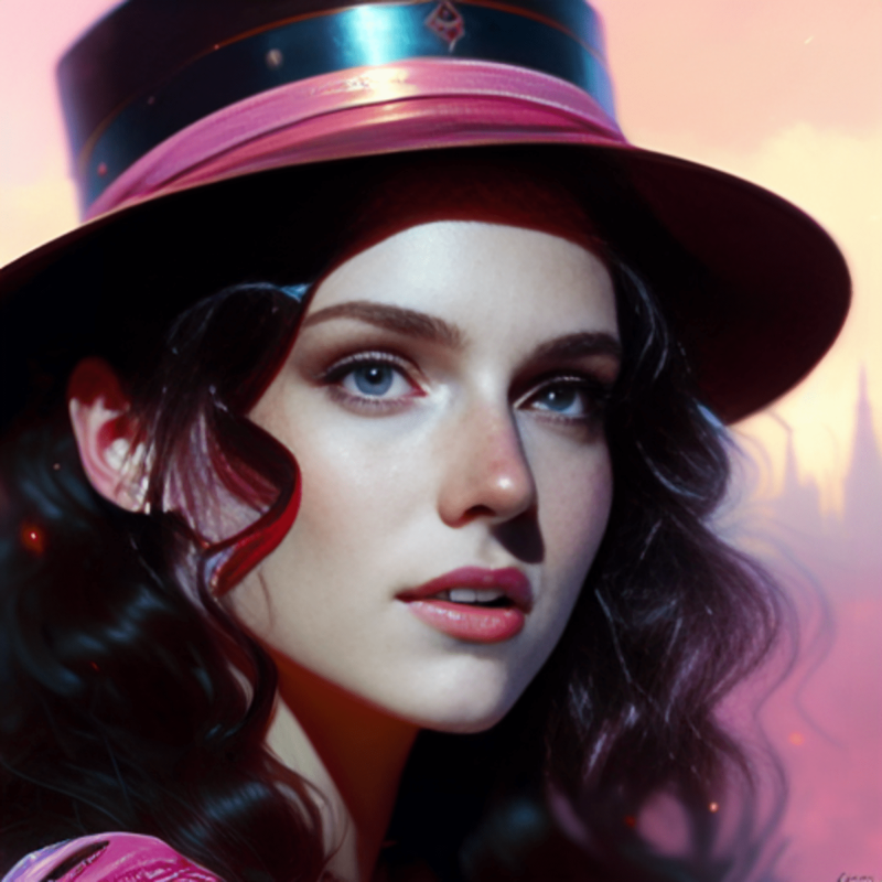 ImgCreator.ai girl close up wearing modern hat with curly chocolate brown hair freckles on her face with background of pink haze dreamy eyes 1 2 • untitled ai art