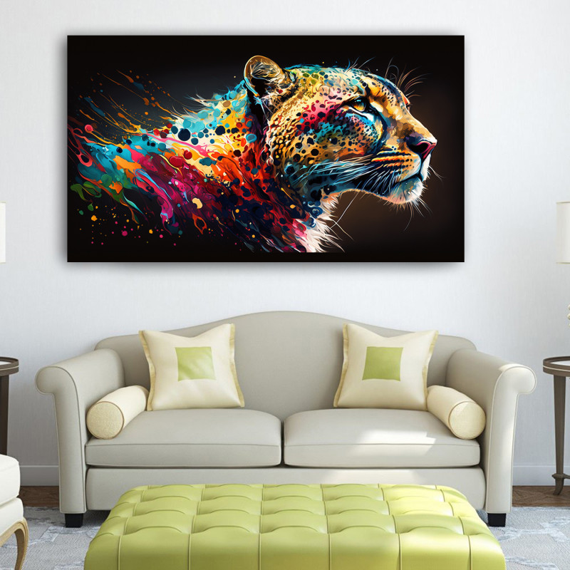 00005 cheetah on wall couch • Canvas Wall Artwork - Fierce Colorful Cheetah Painting 00005