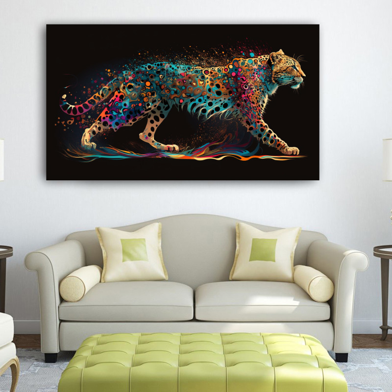 00006 cheetah colourful walking couch • Canvas Wall Artwork - Fierce Colorful Walking Leopard Painting 00006