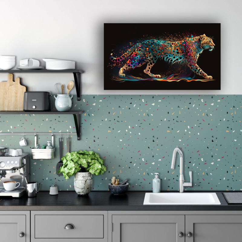00006 cheetah colourful walking kitchen • Canvas Wall Artwork - Fierce Colorful Walking Leopard Painting 00006