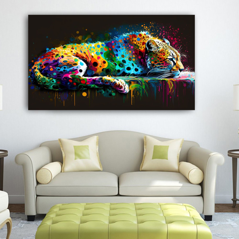 00007 cheetah sleeping wall couch • Canvas Wall Artwork - Fierce Colorful Sleeping Cheetah Painting 00007
