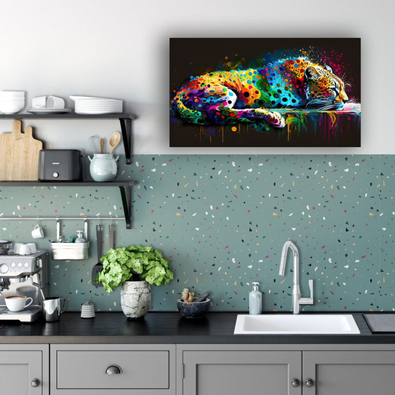 00007 cheetah sleeping wall kitchen • Canvas Wall Artwork - Fierce Colorful Sleeping Cheetah Painting 00007