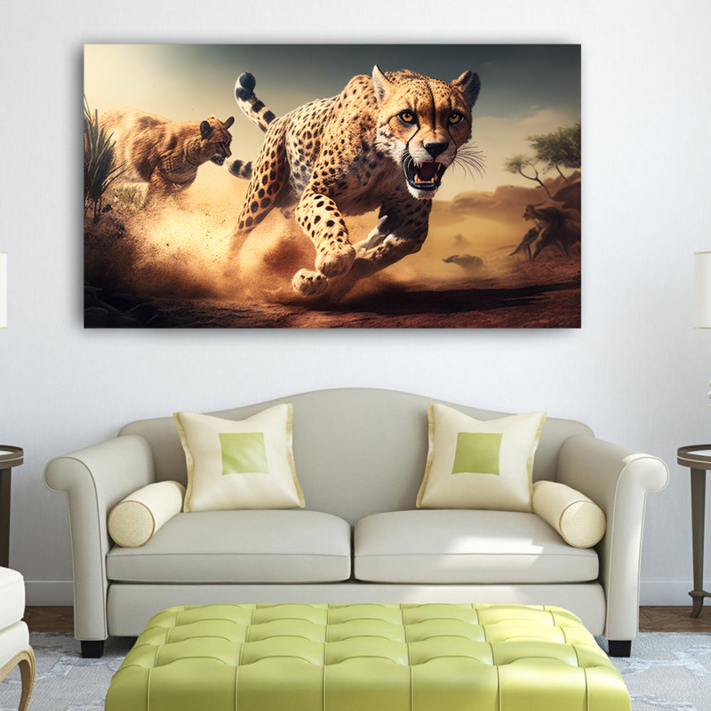 00008 cheetah chasing prey couch • Canvas Wall Artwork - Fierce Colorful Cheetah Painting 00008