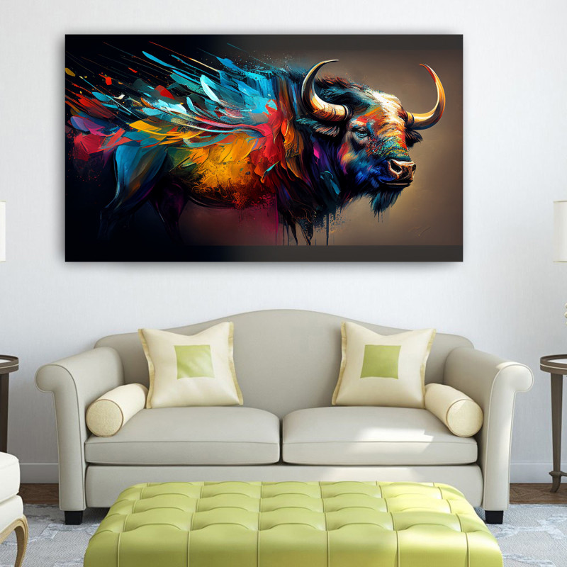00029 buffalo colorful couch • Canvas Wall Artwork - Fierce Colorful Buffalo Painting 00029