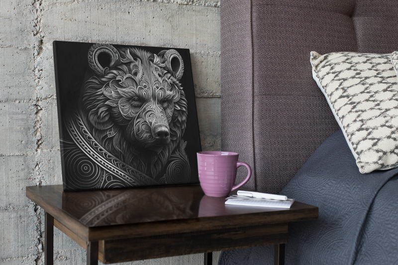 mockup of an art canvas on a wooden table 25867 • Tribal Bear – Instant Download – Printable Digital Art – Modern Wall