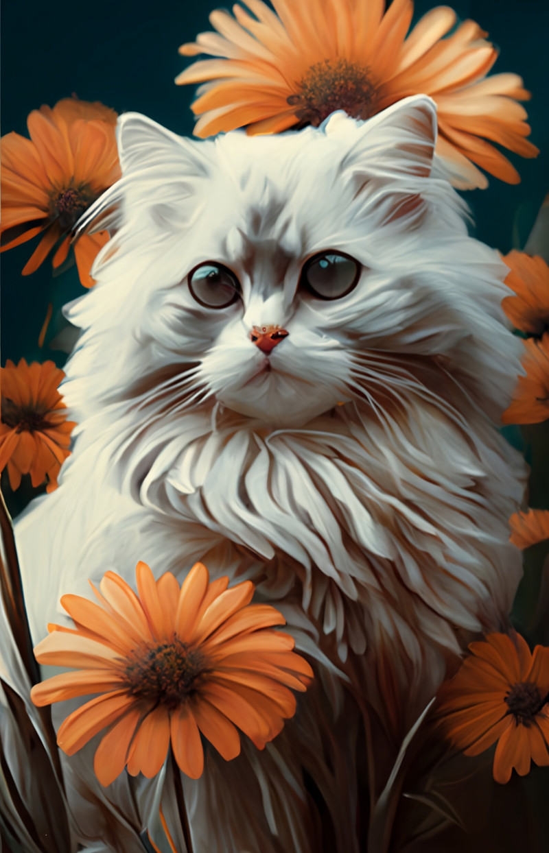 2803A424 61B6 444E AF77 C33E7BB388EF • White furry Cat sitting between orange Gerbera daisies