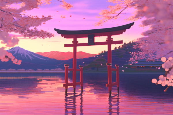 A torii gate at dusk stands in front of a mountainous landscape with cherry blossom trees reflecting onto a calm lake.