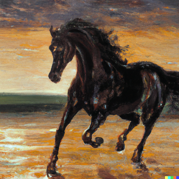 Oil painting of a black horse running in the sunset
