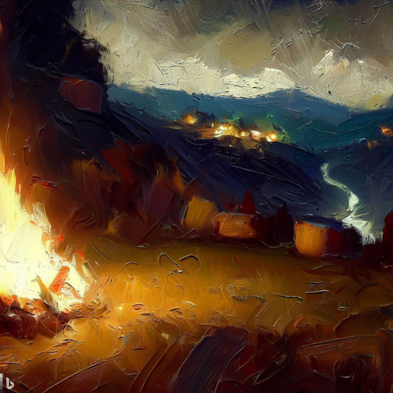 Oil Painting CP • Oil Painting - Sitting next to a cozy fire near village