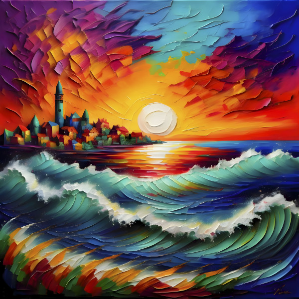 Abstract village by the sea at sunset digital ai art