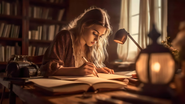 Midjourney AI's 'The Writer's Retreat' is a hyper-realistic digital art piece capturing the tranquil solitude of a writer in their cozy, book-filled workspace