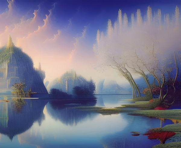 "Romantic fairy tale landscape with a blue lake and a mountain"
