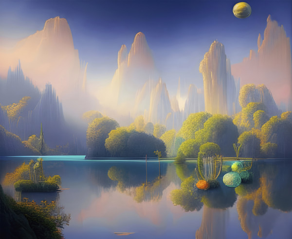Romantic fairy tale landscape with a lake and mountains