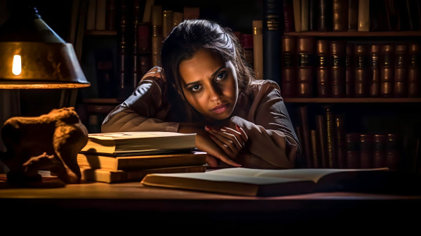 AI-generated digital art of a writer engrossed in their work, comfortably seated at a rustic wooden desk in a cozy, book-laden workspace, bathed in soft light.