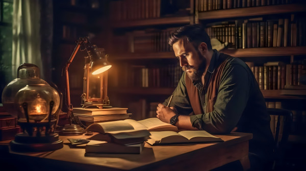 AI-generated digital art of a writer engrossed in their work, seated at a rustic wooden desk in a cozy, book-filled study, bathed in soft light.