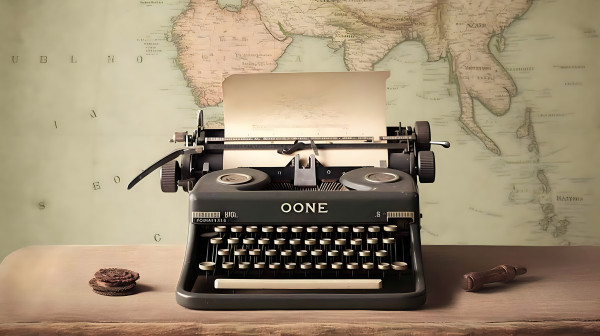 A digital art image featuring a whimsical typewriter with a page that has "Chapter One" typed on it, set against a vintage map backdrop, symbolizing the adventurous journey of storytelling.