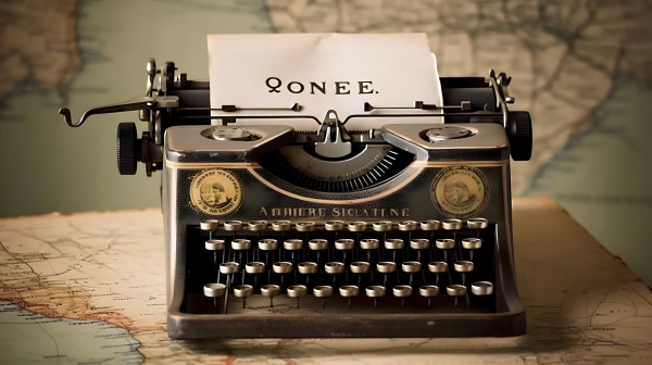 A digital art image featuring a vintage typewriter on an old desk, set against a worn-out map backdrop, symbolizing the timeless journey of storytelling.