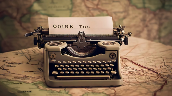 A digital art image featuring a whimsical typewriter with a piece of paper that has "Once Upon a Time" typed on it. The typewriter is set against a vintage map backdrop, symbolizing storytelling as a journey.
