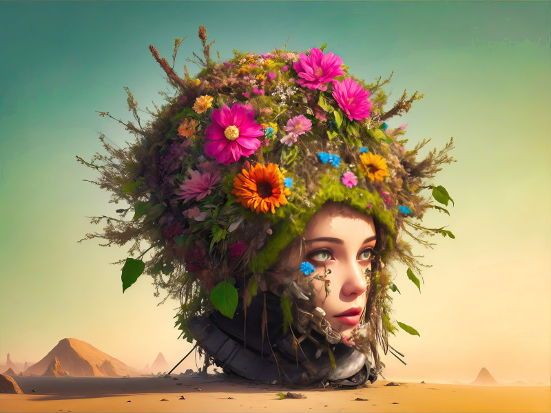 Default surreal garbage floral head Mother Nature Environmenta 1 gigapixel art scale • Surreal floral mother Nature in the desert