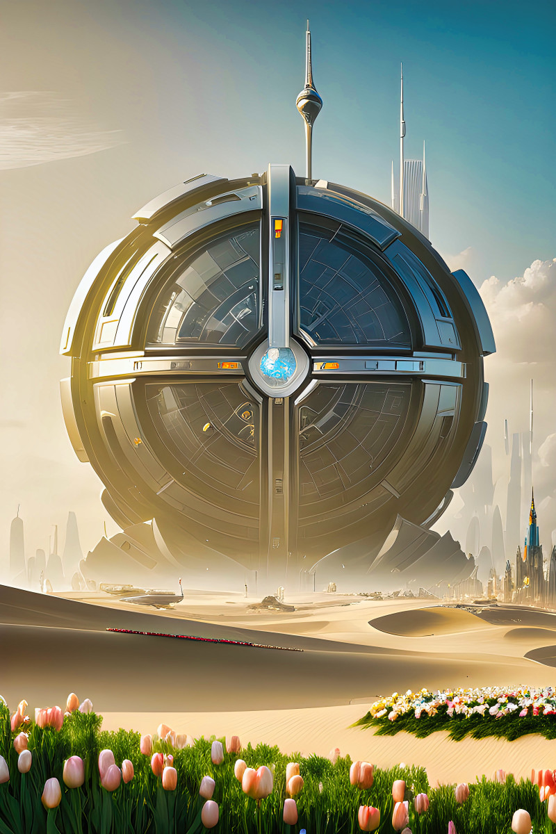 elegant sci fi castle with chrome walls in the middle of dunes overlooking a sleek futuristic city 894805358 1 gigapixel art scale 2 00A • Chrome Citadel Embracing Futuristic Horizons