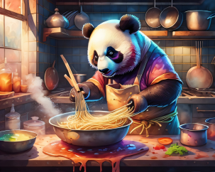 panda cooking food noodles