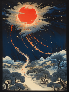 surreal, oriental style, prints, galaxy, red moon