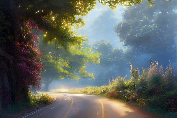 A romantic landscape with a road
