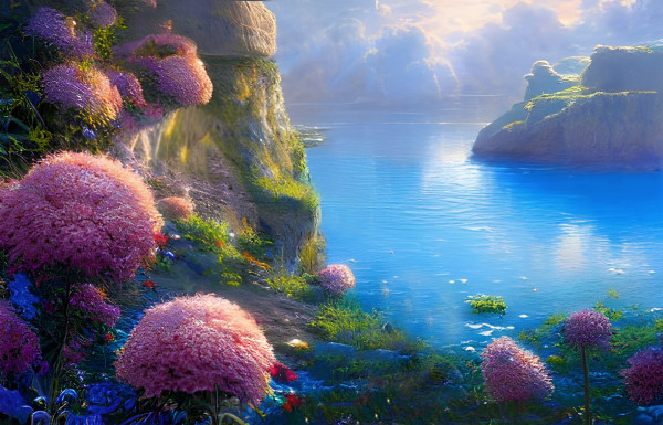 Fabulous romantic landscape with pink flowers and the bay