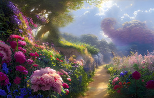 Fabulous romantic landscape with flowers and a cloud