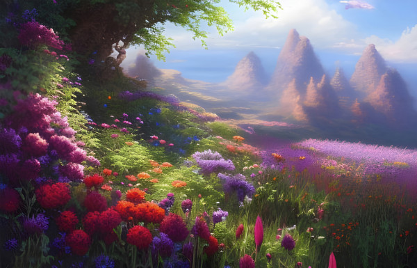 A dreamy romantic landscape with a flower meadow and mountains in the distance