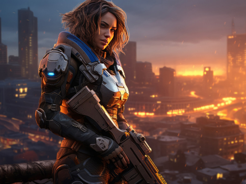 scifi 059 • A futuristic soldier woman with a powerful energy gun stands tall against a backdrop of a desolate and crumbling city