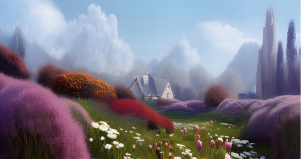 A dreamy romantic landscape with a house in the distance