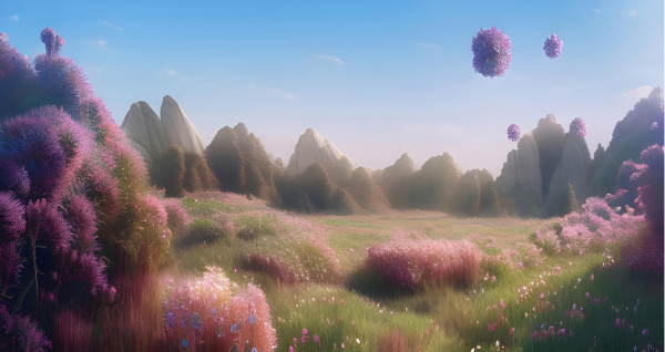 A fabulous romantic landscape with pink grass