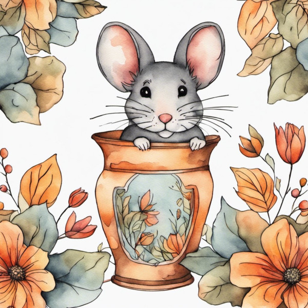 A cute mouse popping out of a vase