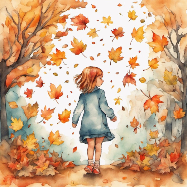 Young girl walking through autumn leaves while they are falling. Back view