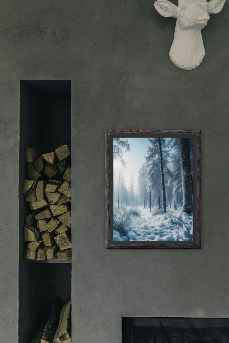 mockup of an art print next to a wood storage 3942 el1 • Winter's Day