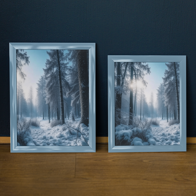 mockup of two vertical art prints placed over a wooden floor m31591 • Winter's Day